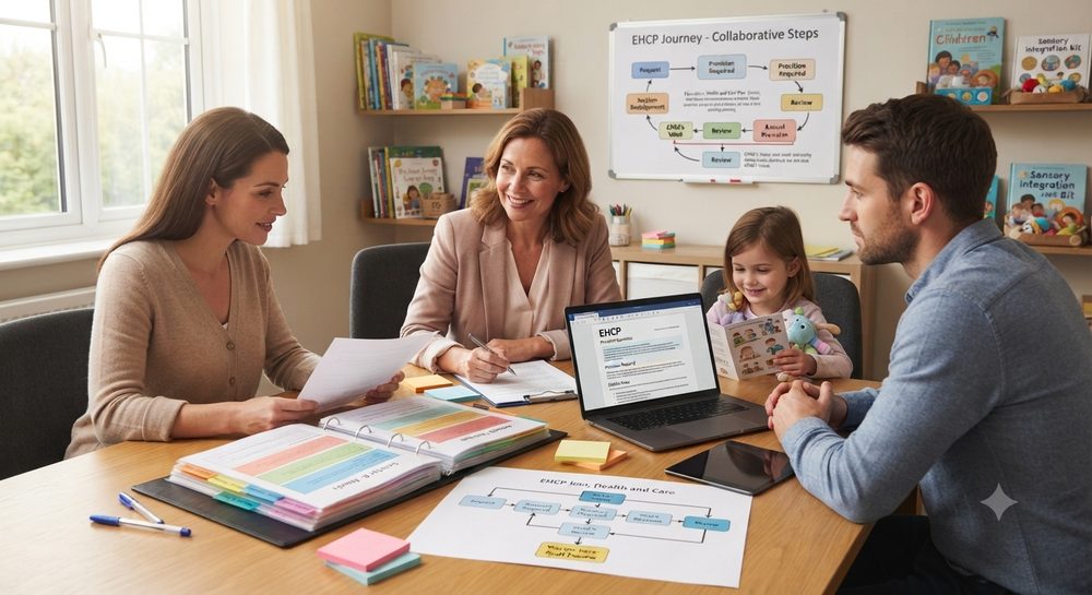 A family reviewing an EHCP journey with a Budding Gems consultant