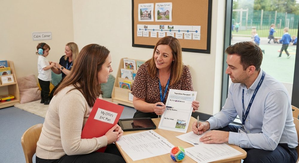 A family and school staff planning a transition passport for a child moving school