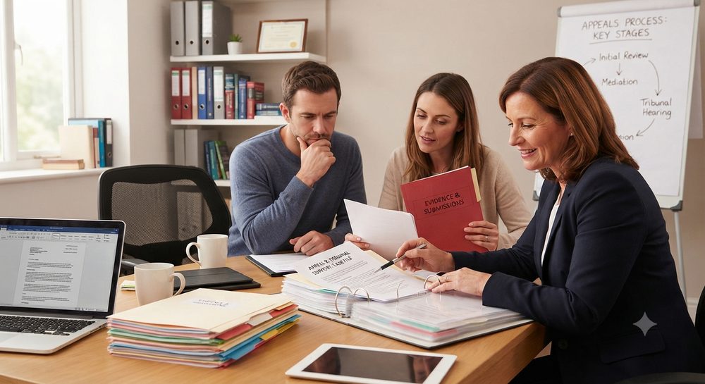 A Budding Gems consultant reviewing appeal evidence and submissions with a family
